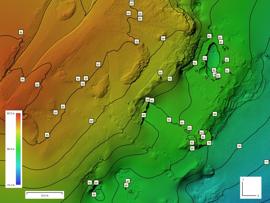 Contour map with elevation colours over a sloping property