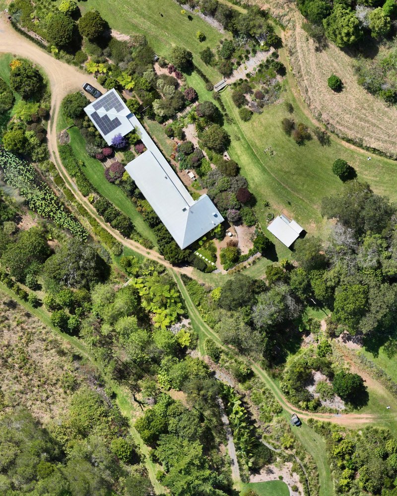 Orthophoto of a hinterland property with gardens, dams and tree cover