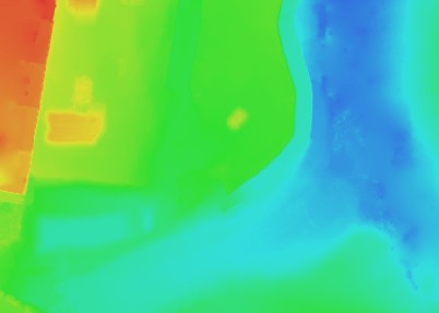 Colour elevation model, high ground in red falling to low ground in blue