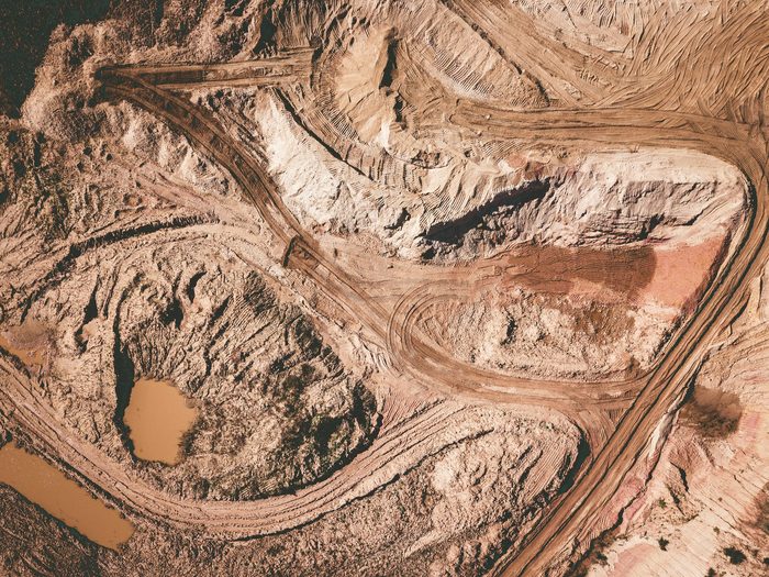 Aerial view of a quarry with haul roads